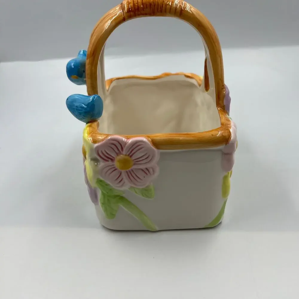 Vintage Glazed Ceramic Decorative Florist Basket Floral Blue Bird Pair